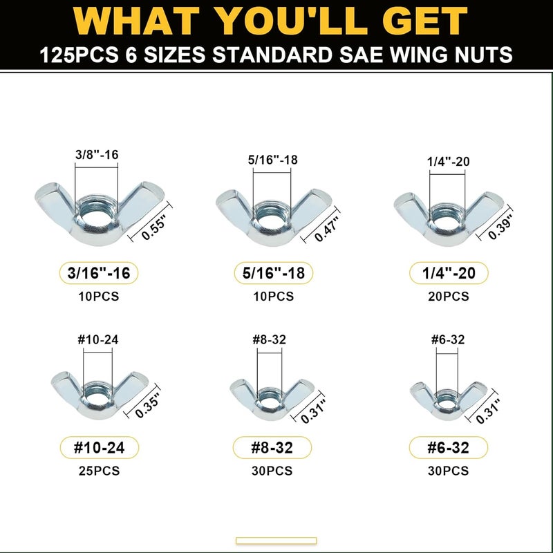 Siptenk SAE Wing Nuts 125PCS, #6-32#8-32#10-24 1/4"-20 3/8"-16 5/16"-18 Wingnuts 6 Assorted Sizes Carbon Steel Zinc Plated Butterfly Wing Nut Fasteners Hardware Assortment Kit - Image 2